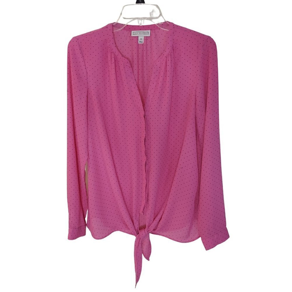 Dana Buchman Sz Medium Pink Black Tiny Polka Dot Long Sleeve Sheer Tie Blouse